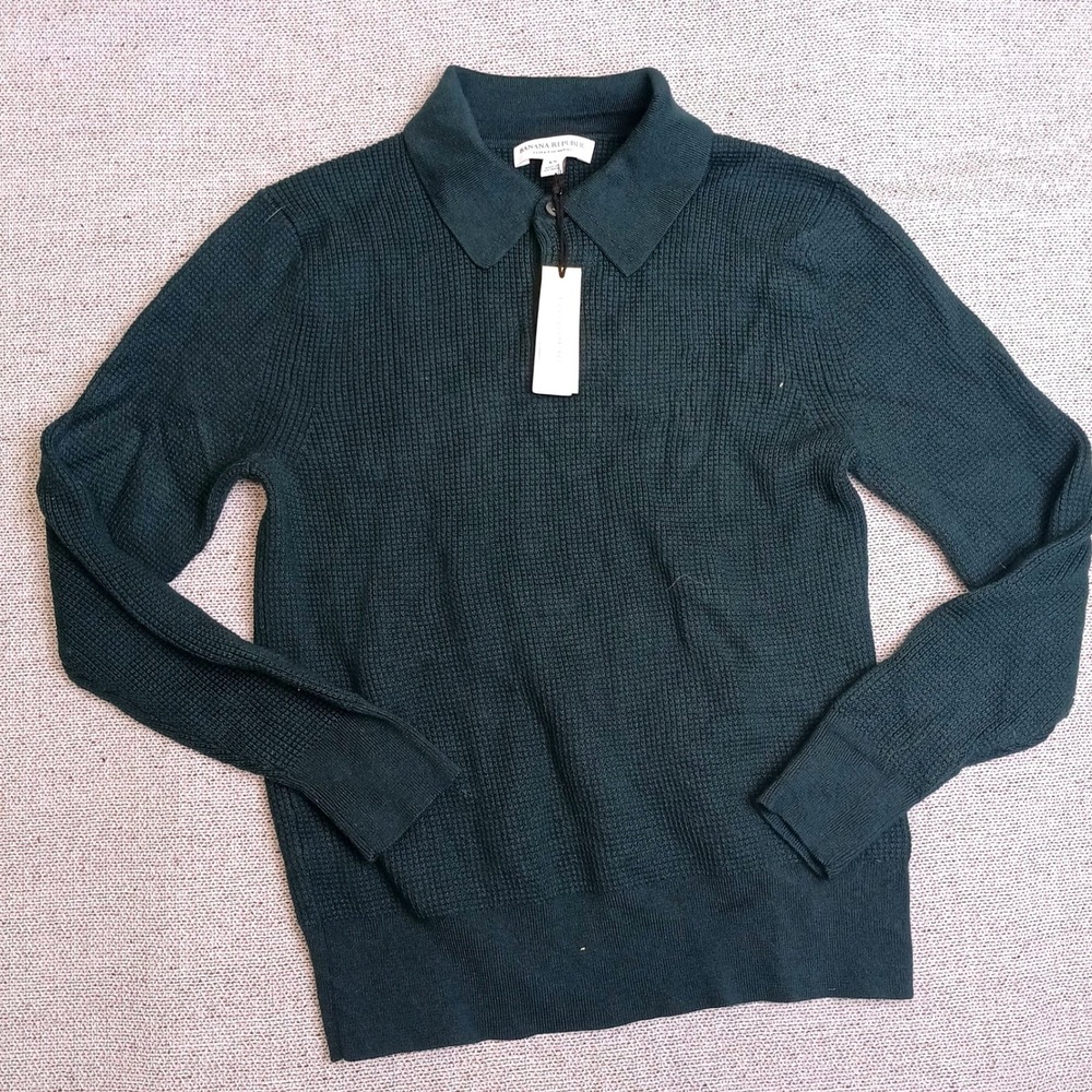 Banana Republic Polo Sweater Mens XS Green New Extra Fine Merino Wool Waffle